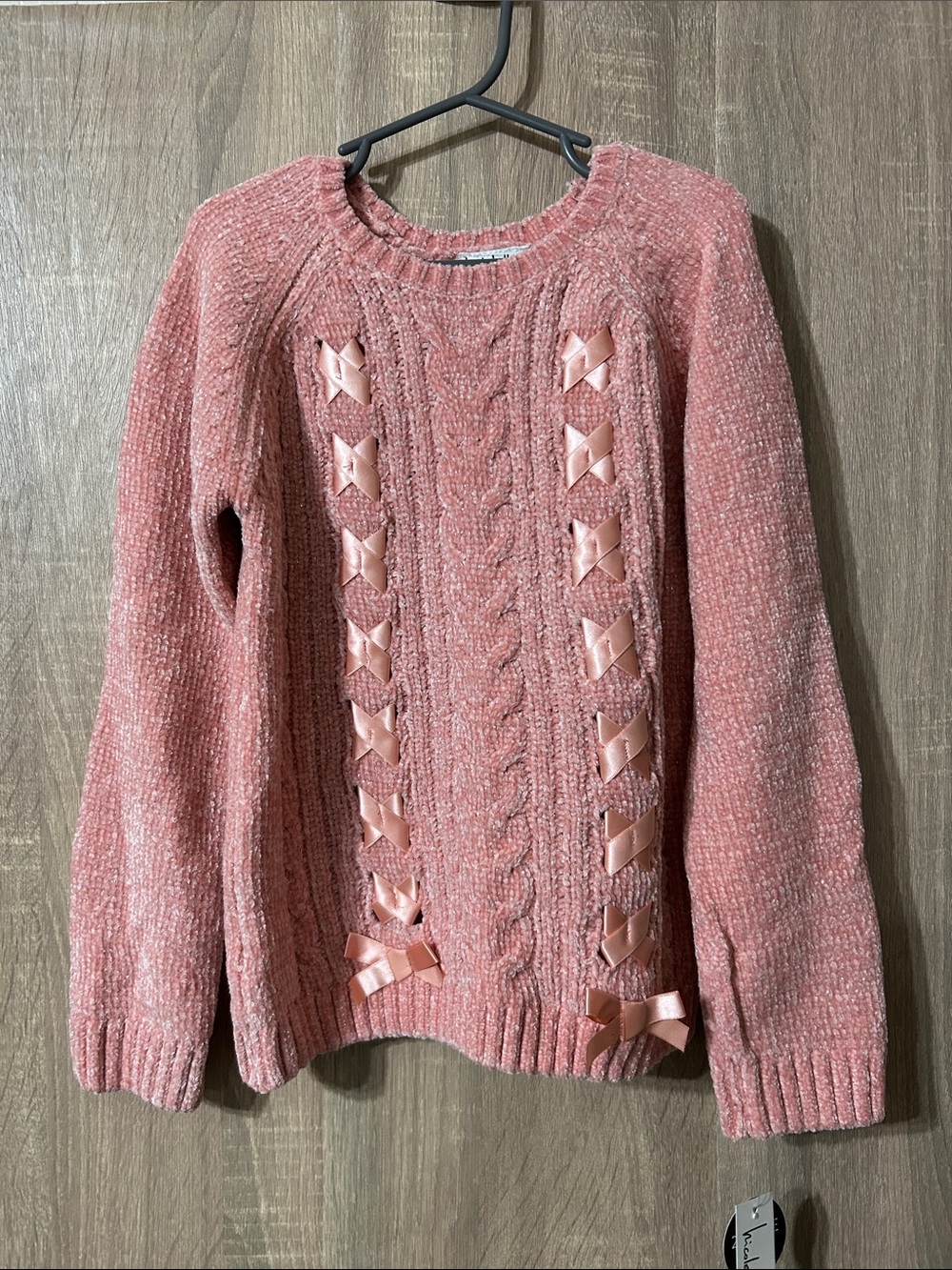 Nicole Miller Pink Chenille Cable Crewneck Sweater with Ribbon Accents Size 6